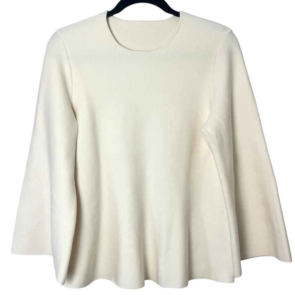 The Fold Wool Blend Bell Sleeve Peplum Crew Neck Knit Sweater Cream Large